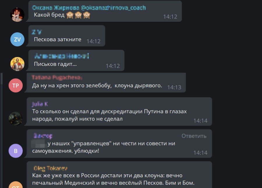 Скриншот комментариев тг-канала  "RT на русском"