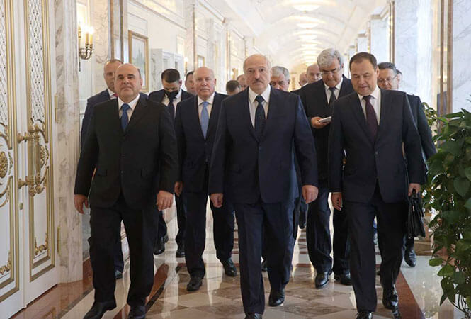Президент Беларуси Александр Лукашенко, Премьер-министр России Михаил Мишустин, Премьер-министр Беларуси Роман Головченко